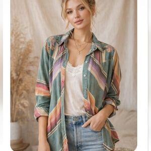 Vintage Collections Boho Western Embroidered Striped Shirt XL Artisan Festival